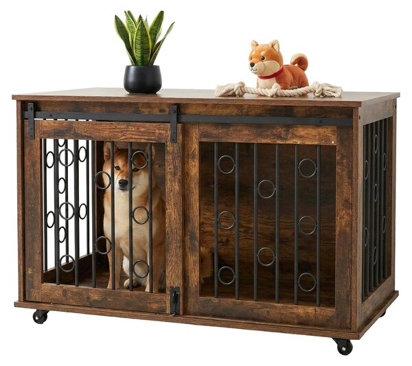 Relaxdays Gabbia per cani, gabbia con ripiano e rotelle, 2 porte, LxPxA: 64x100x59 cm, mobile per cani, marrone/nero