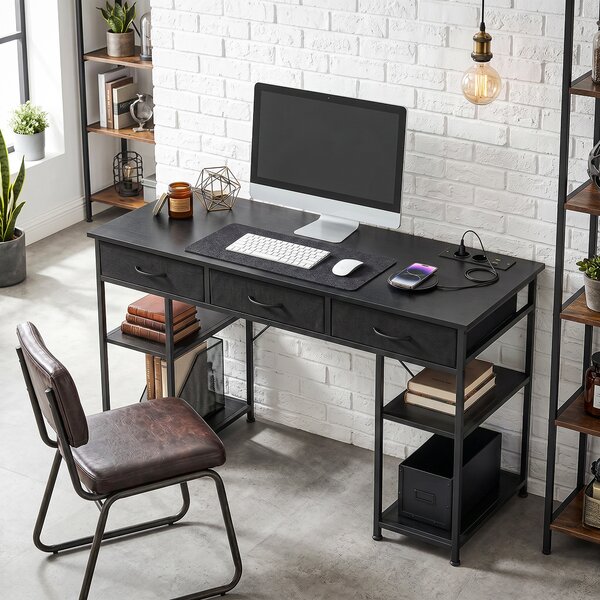 HOMCOM Scrivania con Contenitore con Prese di Corrente, 3 Cassetti in Tessuto e 4 Ripiani di Stoccaggio, 120x40x76 cm, Nero | Aosom Italy
