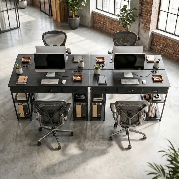 HOMCOM Scrivania con Contenitore con Prese di Corrente, 3 Cassetti in Tessuto e 4 Ripiani di Stoccaggio, 120x40x76 cm, Nero | Aosom Italy