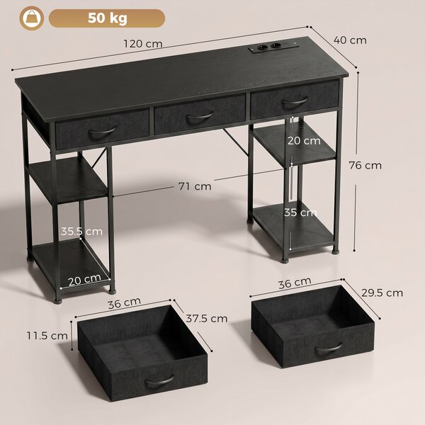 HOMCOM Scrivania con Contenitore con Prese di Corrente, 3 Cassetti in Tessuto e 4 Ripiani di Stoccaggio, 120x40x76 cm, Nero | Aosom Italy