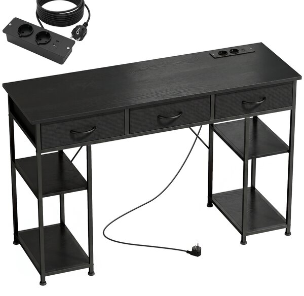 HOMCOM Scrivania con Contenitore con Prese di Corrente, 3 Cassetti in Tessuto e 4 Ripiani di Stoccaggio, 120x40x76 cm, Nero | Aosom Italy