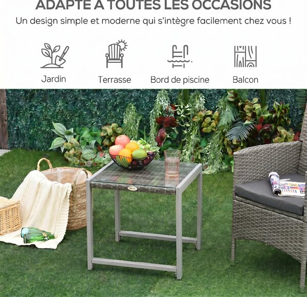 Outsunny Tavolino da Esterno con Struttura in Alluminio e PE Rattan e Piano in Vetro Grigio 50x50x50cm|Aosom