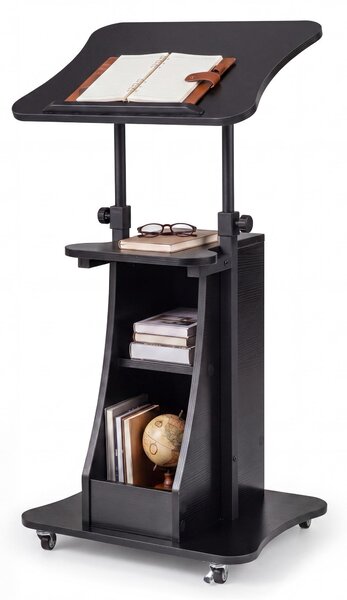 KOMFOTTEU Leggio regolabile in altezza, leggio con rotelle e piano ribaltabile, scrivania mobile in piedi con 2 scomparti e ripiano aperto, leggio per presentazioni per l'home office e l'ufficio, 50 x 40 x 72-112 cm