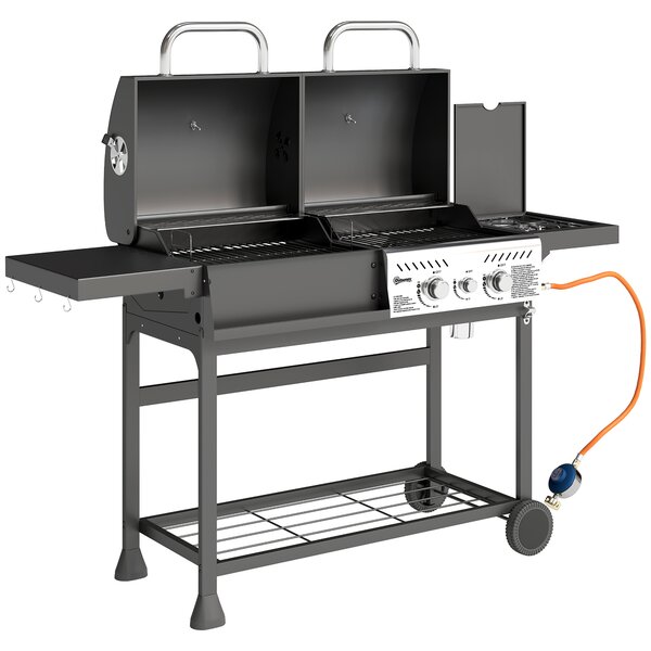 Outsunny Barbecue a Carbone e Gas con 3 Bruciatori e Coperchio, Termometro, Ruote e Ripiani, Nero
