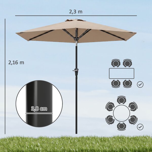 Outsunny Ombrellone da Giardino Inclinabile 2.3x2m con Apertura a Manovella e 6 Stecche, Cachi|Aosom