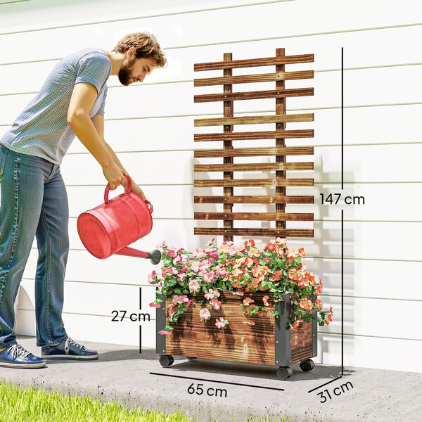 Outsunny Fioriera con Traliccio per Rampicanti e Rotelle, in Legno di Abete, 65x31x147 cm, Marrone