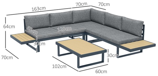 Outsunny Set da Giardino 4 Pezzi in Alluminio con 2 Divanetti, Poltrona Angolare e Tavolino da Caffè, Grigio e Teak|Aosom