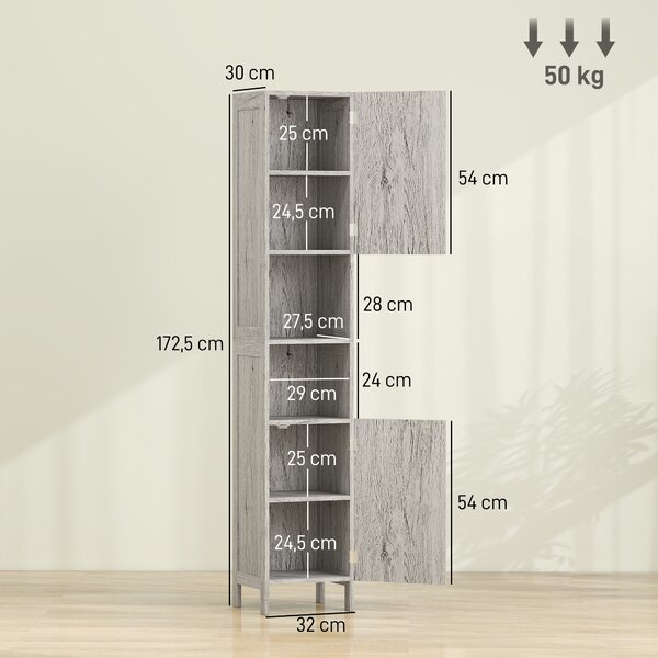 Kleankin Colonna Bagno Multifunzione, 2 Armadietti, 2 Ripiani Aperti, in MDF - 30x32x172.5 cm, Color Legno|Aosom