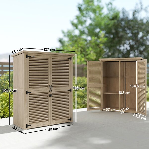 Outsunny Armadio a 2 Ripiani con Picchetti da Giardino, Portaoggetti in Legno di Abete, 127x65x159.5/168 cm, Legno Naturale | Aosom Italy