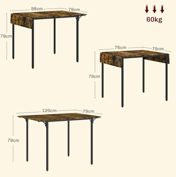 HOMCOM Tavolo da Pranzo a Ribalta stile Industriale per 2-4 Persone in Legno e Metallo, 120x79x79 cm, Marrone Rustico