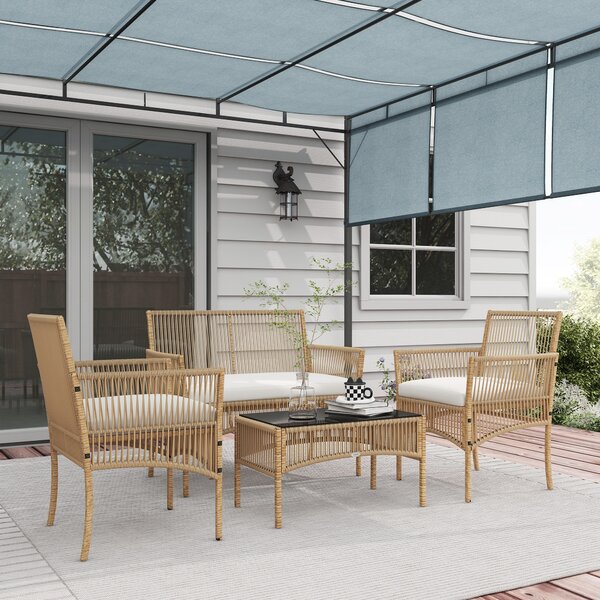 Outsunny Set da Giardino in Rattan da 4 Pezzi con 2 Poltroncine, Divano e Tavolino da Caffè, Naturale e Nero