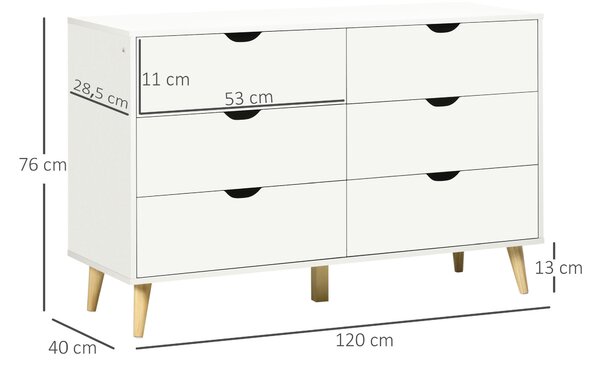 HOMCOM Cassettiera 6 Cassetti con Maniglie Laminate, in Legno di Pino, 120x40x76 cm, Bianca e color Legno|Aosom