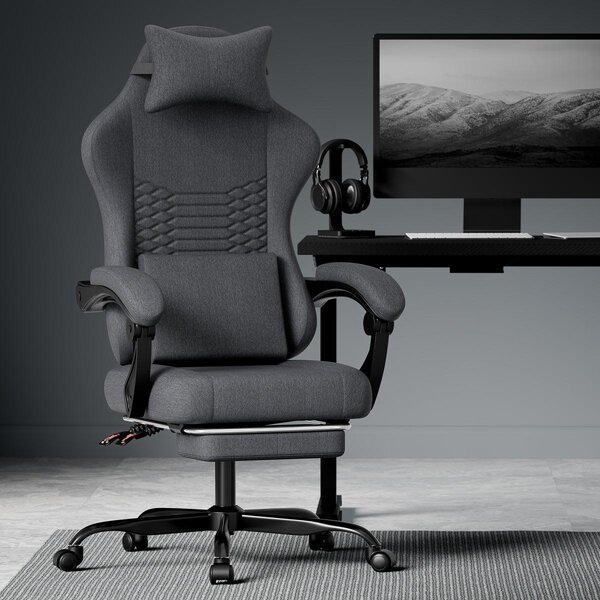 Sedia da gioco in tessuto Sedia da ufficio Sedia da gioco con poggiatesta Seduta da gioco ergonomica da corsa con poggiapiedi Nero
