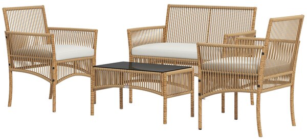 Outsunny Set da Giardino in Rattan da 4 Pezzi con 2 Poltroncine, Divano e Tavolino da Caffè, Naturale e Nero