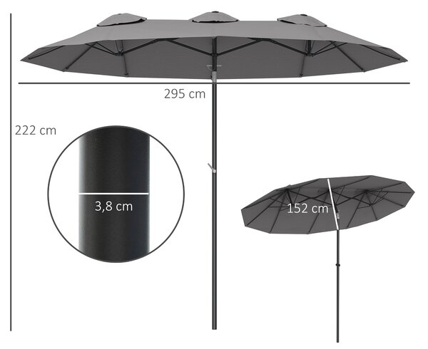 Outsunny Ombrellone Doppio Inclinabile a 45° con Manovella e Prese d'Aria, in Acciaio e Poliestere, 285x147x227 cm, Grigio