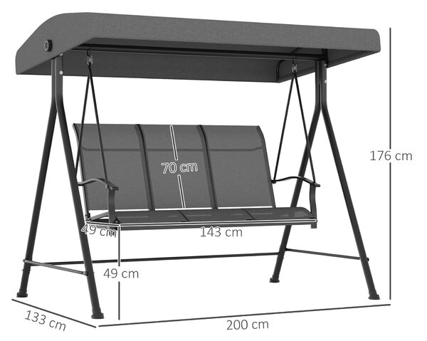 Outsunny Dondolo da Giardino 3 Posti con Tettuccio Parasole Regolabile, 195x118x170 cm, Grigio Scuro