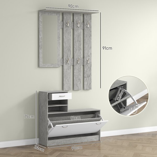 HOMCOM Set Mobile da Ingresso con Appendiabiti a 6 Ganci, Mobile Scarpiera con Cassetto e Specchio, Grigio