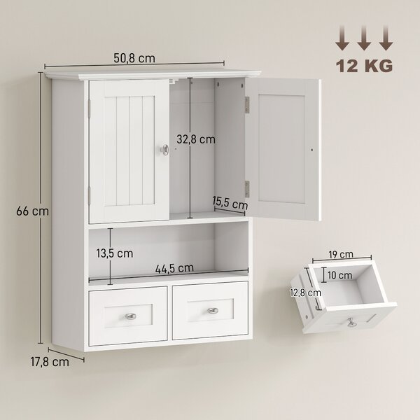 Kleankin Armadietto Pensile Bagno a 2 Ante con Ripiano Aperto e 2 Cassetti in Legno, Bianco