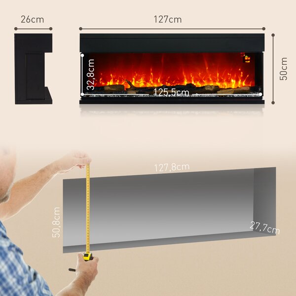 HOMCOM Camino Elettrico 1800W da Incasso e Parete con Temperatura e Fiamma Regolabile, Colorate LED Regolabili, Nero | Aosom Italy