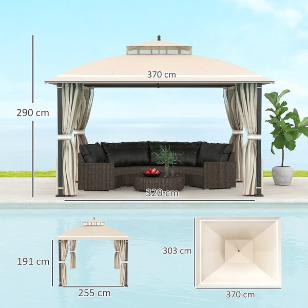 Outsunny Gazebo da Giardino 3.7 x 3 m con Zanzariera, Tende Laterali e Doppio Tetto, Beige|Aosom