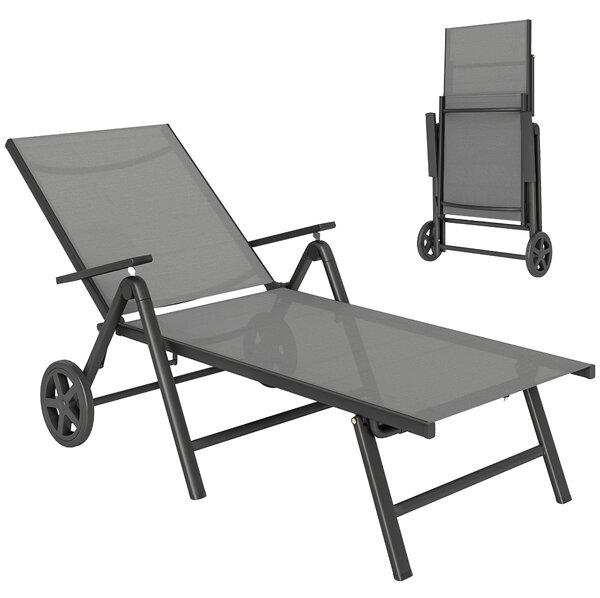Outsunny Lettino Sdraio Pieghevole e Reclinabile in 5 Posizioni con Rotelle, in Metallo e Textilene, 72x158x84 cm, Grigio