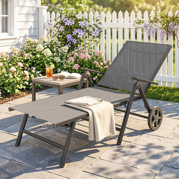 Outsunny Lettino Sdraio Pieghevole e Reclinabile in 5 Posizioni con Rotelle, in Metallo e Textilene, 72x158x84 cm, Grigio