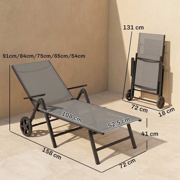 Outsunny Lettino Sdraio Pieghevole e Reclinabile in 5 Posizioni con Rotelle, in Metallo e Textilene, 72x158x84 cm, Grigio