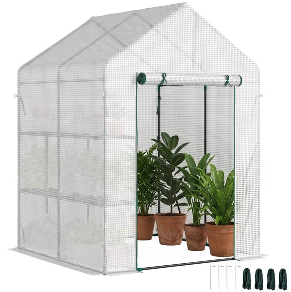 Outsunny Serra da Giardino con 2 Scaffali e Porta Avvolgibile per Esterni, 143x143x195cm, Bianco | Aosom Italy