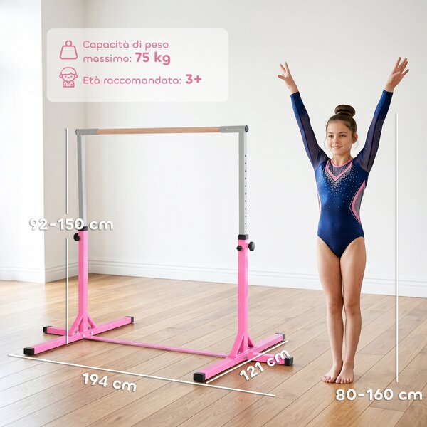 Sbarra per Ginnastica Artistica Sbarra Danza Classica Panche e attrezzi Rosa e grigio 197L x 121P x 92-150Acm Acciaio, Legno di faggio Homcom|Aosom