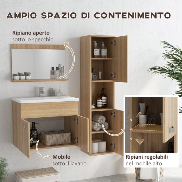Kleankin Set di mobili per il bagno armadietto specchiera + mobile sottolavabo sospeso con lavabo + colonna naturale