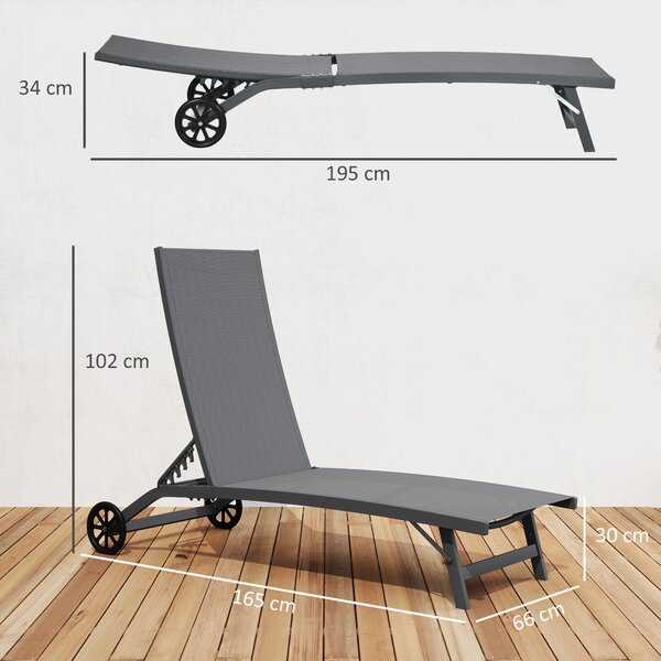 Outsunny Set di 2 Lettini Prendisole da Giardino con Ruote e Schienale Regolabile su 5 Livelli, Sdraio da Giardino in Alluminio e Texteline, per Spiaggia, Piscina, 66x165x102cm, Grigio Scuro | Aosom Italy