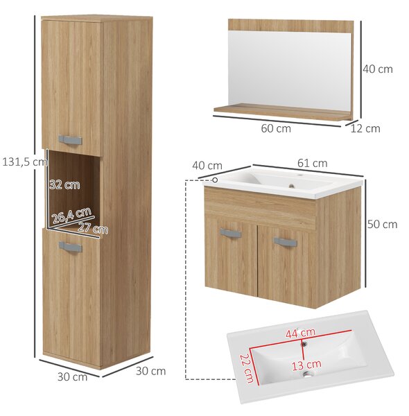 Kleankin Set di mobili per il bagno armadietto specchiera + mobile sottolavabo sospeso con lavabo + colonna naturale