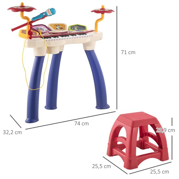 AIYAPLAY Pianola per Bambini 3-6 Anni con Sgabello, Microfono, Tamburo e Bacchette, in PP e ABS, 74x32.2x71 cm|Aosom