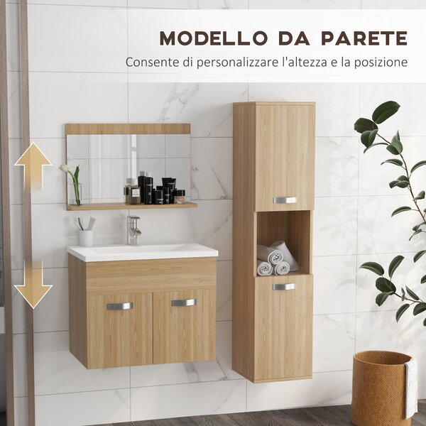 Kleankin Set di mobili per il bagno armadietto specchiera + mobile sottolavabo sospeso con lavabo + colonna naturale