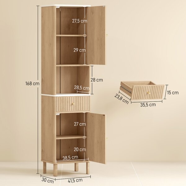 HOMCOM Colonna Bagno con Cassetto, 2 Armadietti e Ripiani Regolabili, Ripiano Effetto Marmo, 41.5x30x168 cm, Rovere | Aosom Italy