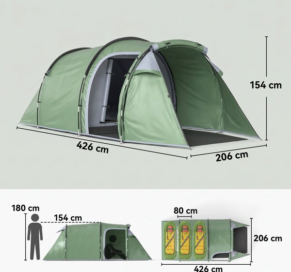 Outsunny Tenda da Campeggio 3 Posti con Ampio Vestibolo, Telo Impermeabile Porte con Cerniera, 426x206x154cm Verde Scuro|Aosom