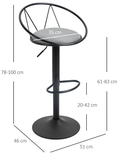 HOMCOM Set 2 Sgabelli Bar con Altezza Regolabile, Sgabelli Cucina Alti con Schienale, Poggiapiedi e Seduta Morbida, Struttura in Metallo, Sedie Bar Alte Girevoli a 360°, per Penisola, Grigio | Aosom Italy