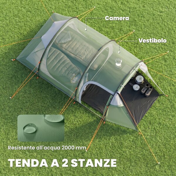 Outsunny Tenda da Campeggio 3 Posti con Ampio Vestibolo, Telo Impermeabile Porte con Cerniera, 426x206x154cm Verde Scuro|Aosom