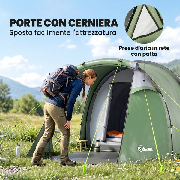 Outsunny Tenda da Campeggio 3 Posti con Ampio Vestibolo, Telo Impermeabile Porte con Cerniera, 426x206x154cm Verde Scuro|Aosom