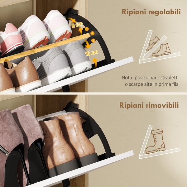 HOMCOM Scarpiera Slim con 2 Cassetti Ribaltabili e 3 Vani Aperti, Capacità 15 Scarpe, 83x24x90.5 cm, Color Legno e Bianco | Aosom Italy