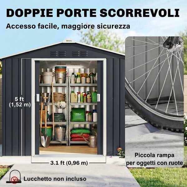 Outsunny Casetta da Giardino con Prese d'Aria, Capanno con Lucernario e Doppia Porta Scorrevole Bloccabile, 277x195x192 cm, Grigio Scuro | Aosom Italy