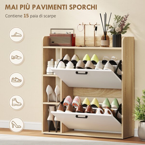 HOMCOM Scarpiera Slim con 2 Cassetti Ribaltabili e 3 Vani Aperti, Capacità 15 Scarpe, 83x24x90.5 cm, Color Legno e Bianco | Aosom Italy