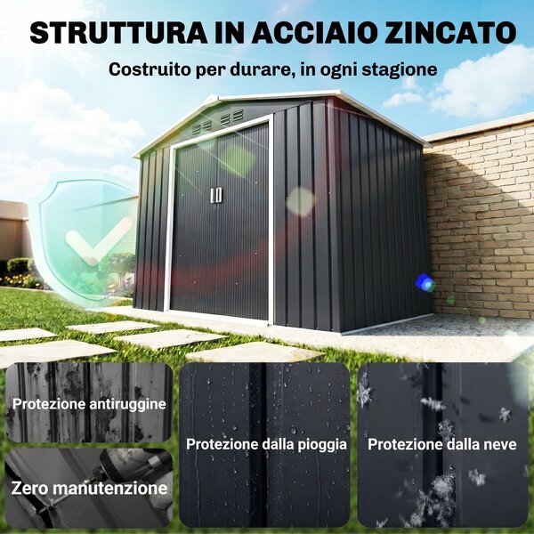 Outsunny Casetta da Giardino con Prese d'Aria, Capanno con Lucernario e Doppia Porta Scorrevole Bloccabile, 277x195x192 cm, Grigio Scuro | Aosom Italy