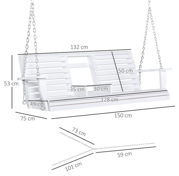 Outsunny Dondolo 3 Posti da Esterno con Tavolino Centrale e Portabicchieri, in Legno e Metallo, 150x75x53 cm, Bianco | Aosom Italy