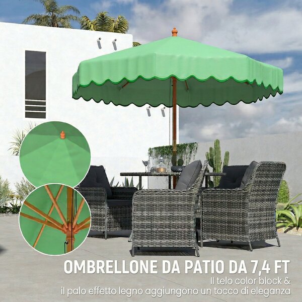 Outsunny Ombrellone da Giardino Rotondo con Volant Stile Retrò Chic Effetto Legno Protezione Solare UV 230 cm Verde Chiaro | Aosom Italy