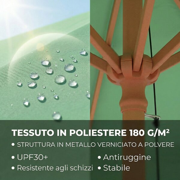 Outsunny Ombrellone da Giardino Rotondo con Volant Stile Retrò Chic Effetto Legno Protezione Solare UV 230 cm Verde Chiaro | Aosom Italy