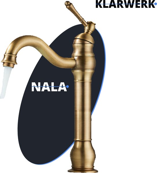 KLARWERK® NALA | Rubinetto da bagno alto in stile vintage per hotel, finitura ottone dorato spazzolato | Rubinetto in acciaio inossidabile per lavabi alti | Miscelatore a 2 vie