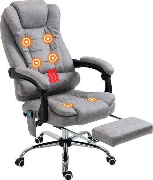 Sedia da ufficio con funzione massaggio, sedia da scrivania ergonomica con funzione reclinabile e riscaldante, telecomando, grigio, grigio, 70 cm, 119 cm, microfibra, 65 cm, 120 kg