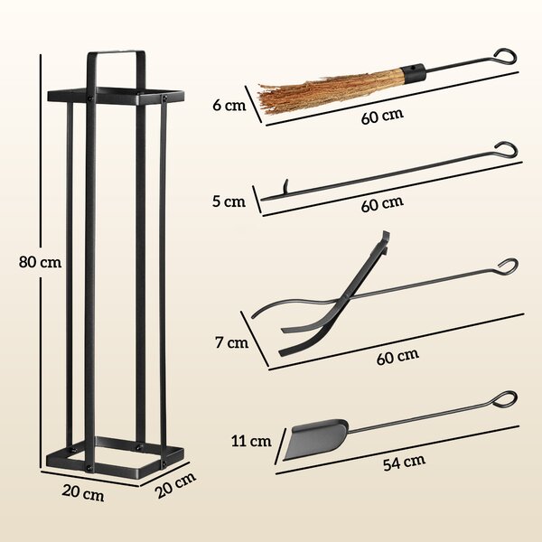 Outsunny Set di accessori per camino, 5 pezzi, scopino, paletta, pinze, attizzatoio, supporto in metallo, Nero | Aosom Italy