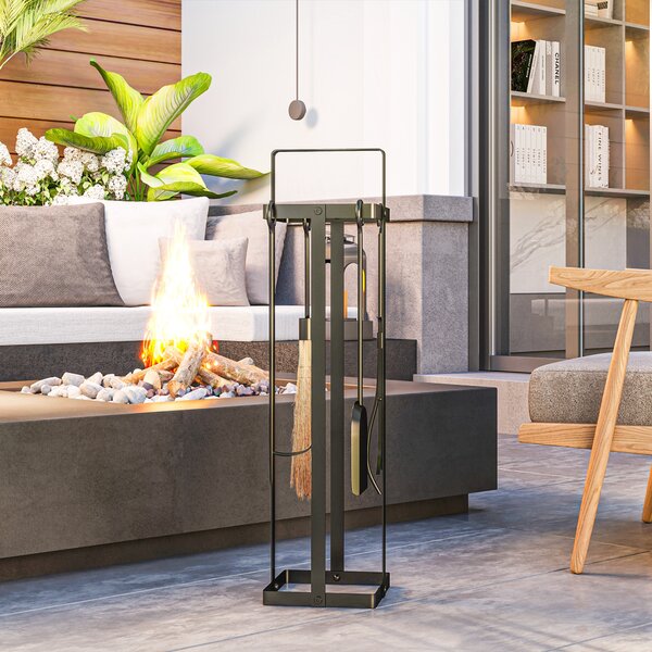 Outsunny Set di accessori per camino, 5 pezzi, scopino, paletta, pinze, attizzatoio, supporto in metallo, Nero | Aosom Italy